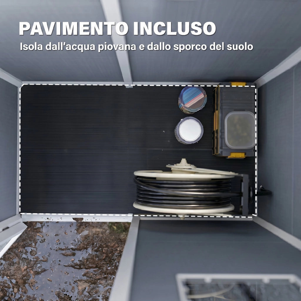 Casetta da Giardino Porta Attrezzi Grigio con Porta Bloccabile Finestra e Presa d'Aria 133x74 cm Resistente per Esterno