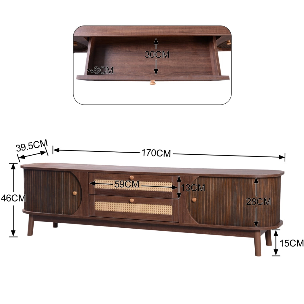 MOBILE TV 170x39,5x46 cm in MDF e rattan colore naturale con ante e cassetti