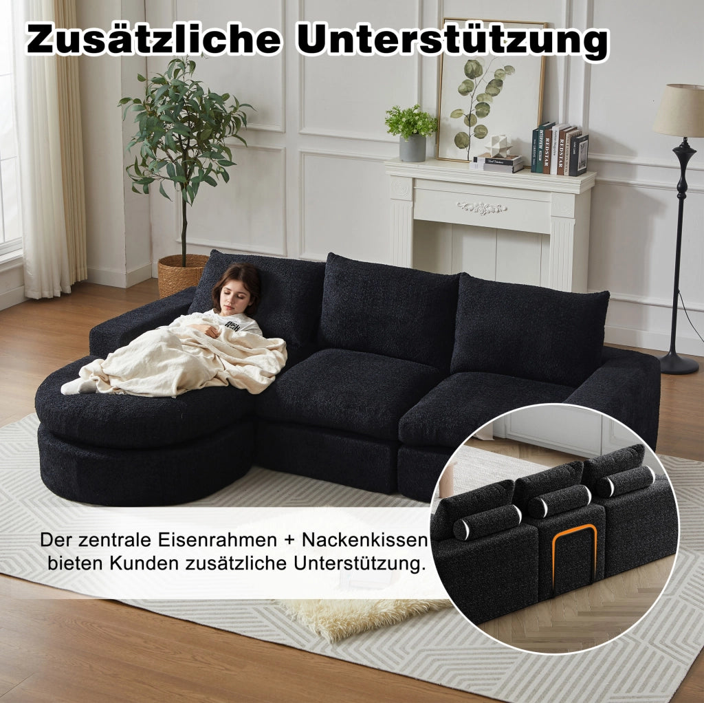 Divano modulare ULEVR 250x160 cm con chaise longue reversibile, 4 moduli e 3 cuscini in ciniglia nera
