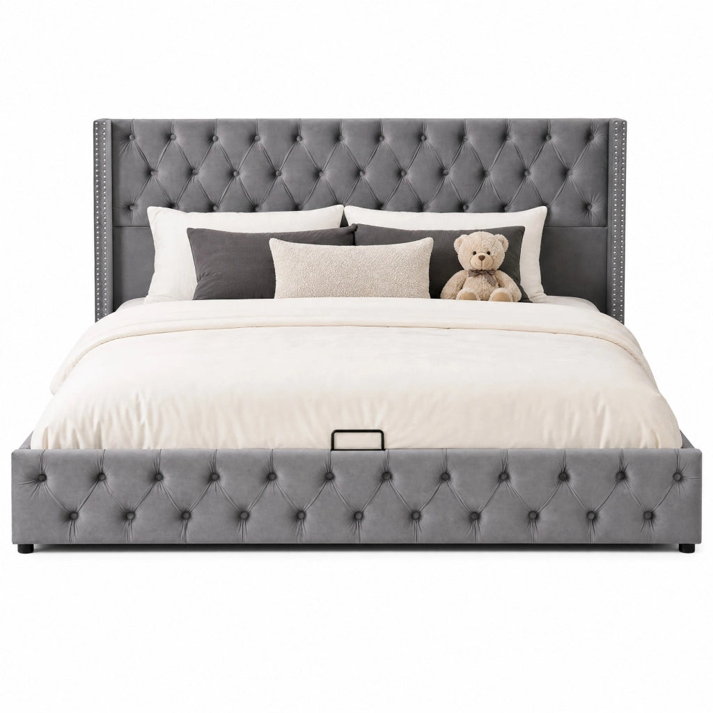 Letto matrimoniale 180x200 cm con contenitore idraulico in velluto; grigio