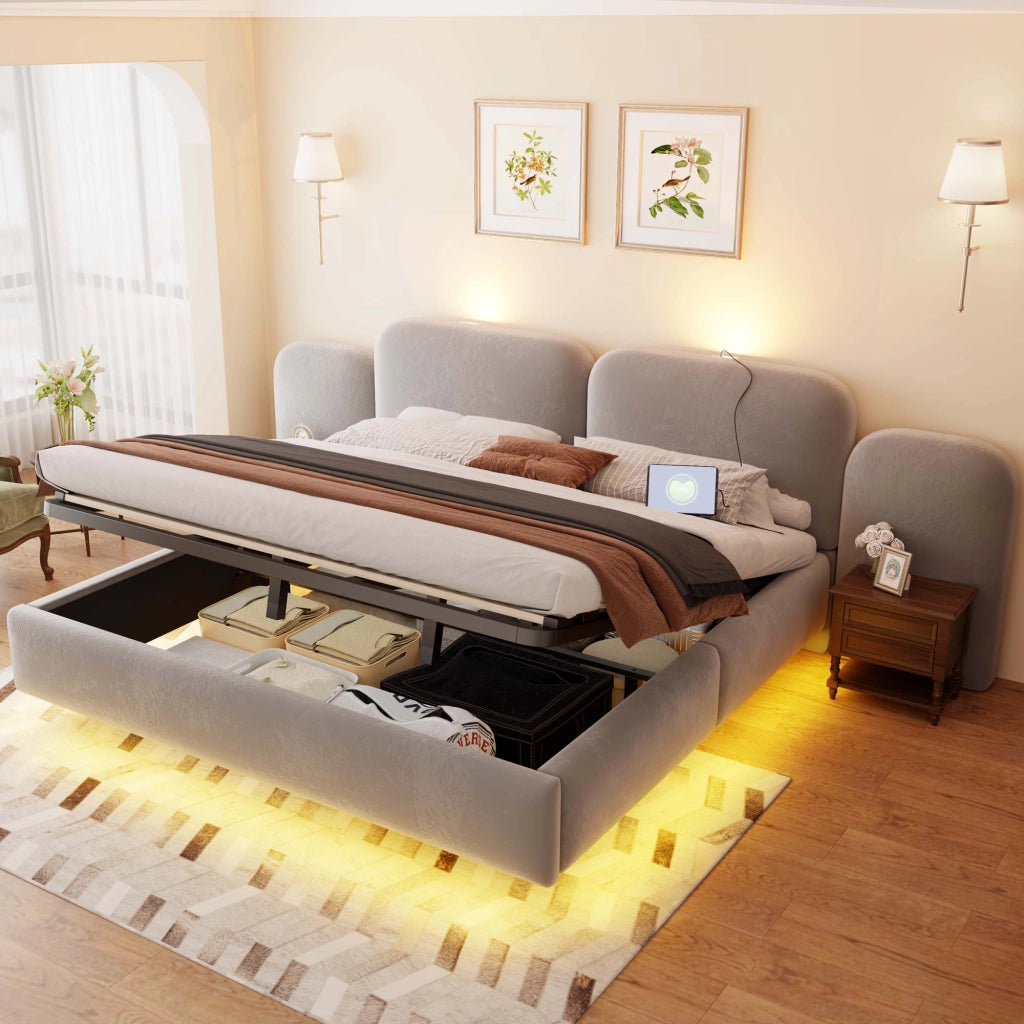 Letto contenitore 180 × 200 cm con sollevamento idraulico; LED RGB; USB e USB-C; rivestito in velluto grigio