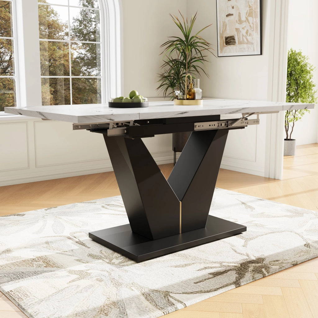 Tavolo allungabile da pranzo con piano in MDF effetto marmo guide in metallo bianco e nero 99–159 × 75 × 75 cm