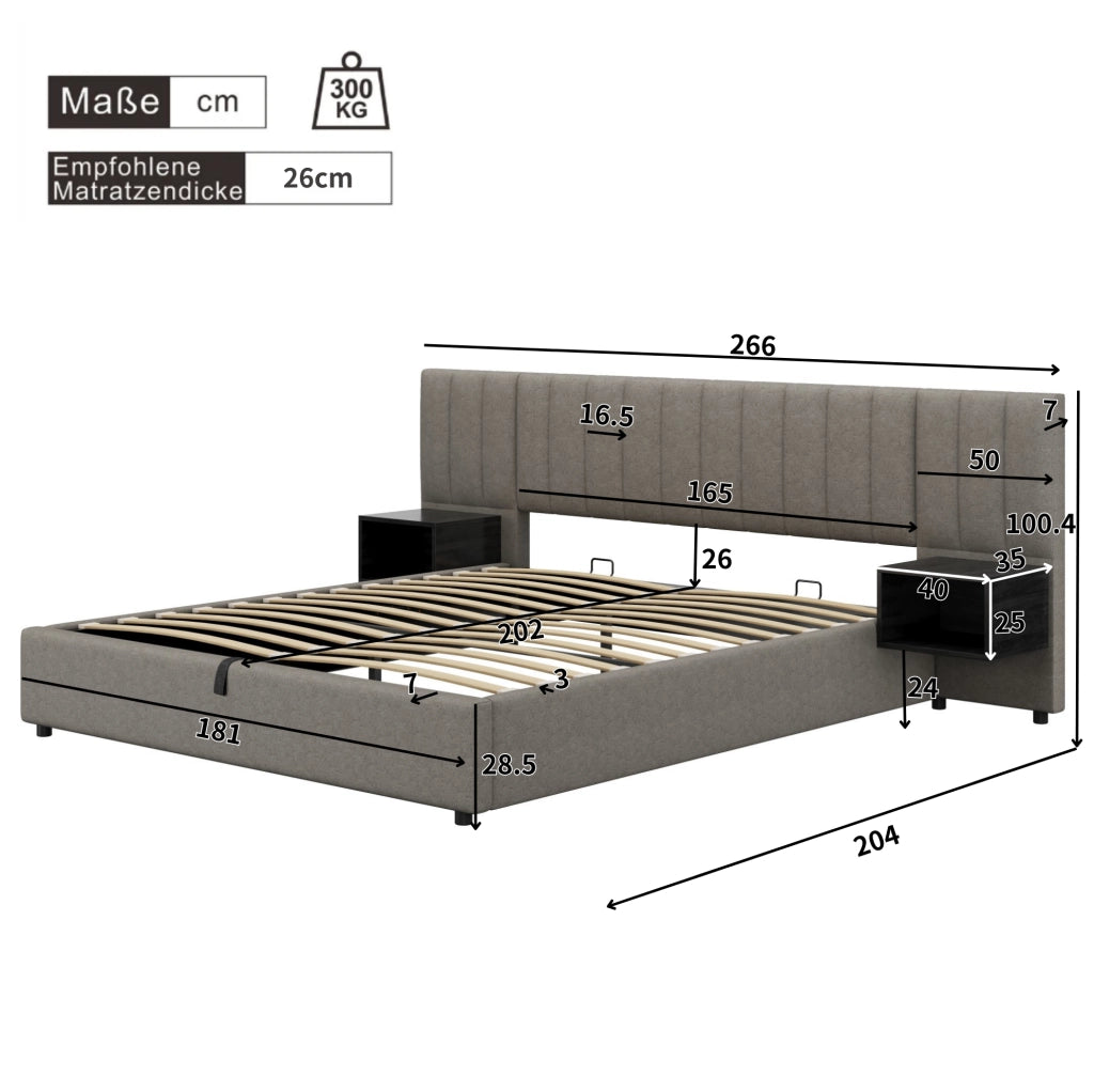 Letto imbottito 180x200 cm con contenitore e 2 comodini