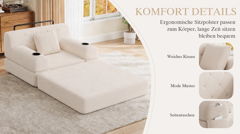 Divano Letto 1 Posto in Corduroy Beige con Schienale Alto, Telaio in Metallo, 2 Porta Bicchieri e 4 Tasche Laterali, Ideale per Soggiorno e Spazi Compatti