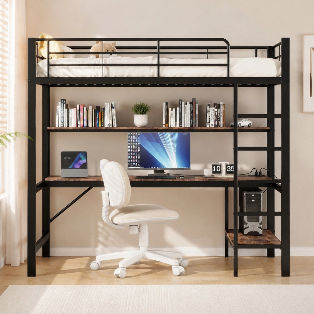 Letto a soppalco 90x200 cm con scrivania, LED e USB