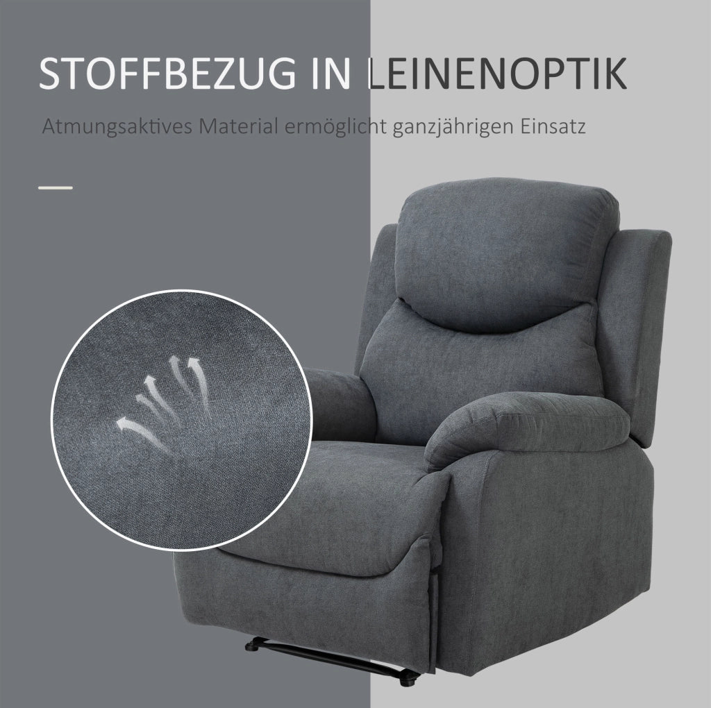 Poltrona reclinabile fino a 150°, rivestimento effetto lino grigio scuro, struttura in legno naturale e metallo