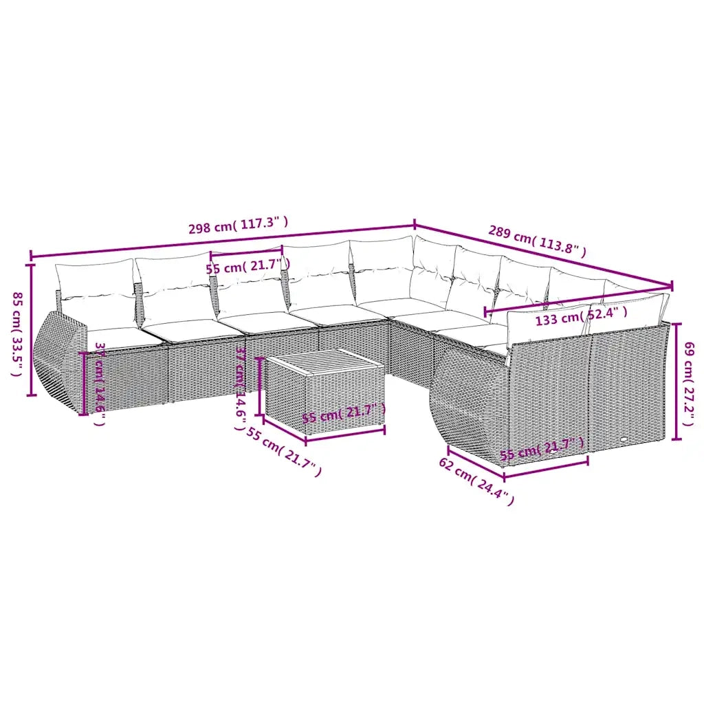 Set Divani da Giardino 11 pz con Cuscini Nero in Polyrattan 3225196