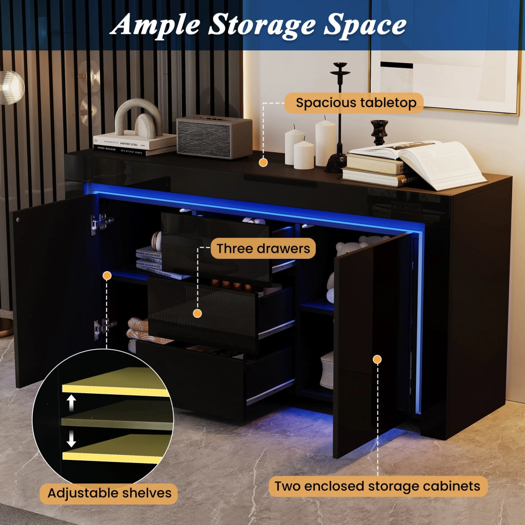 Madia con 2 ante; 3 cassetti; ripiani regolabili e LED via app in MDF nero lucido 140 × 40 × 65 cm