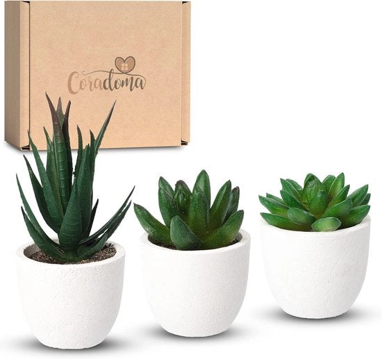 Set di 3 mini piante artificiali in vasi bianchi | Decorazione moderna per soggiorno e cucina | Piante grasse e fiori artificiali senza manutenzione