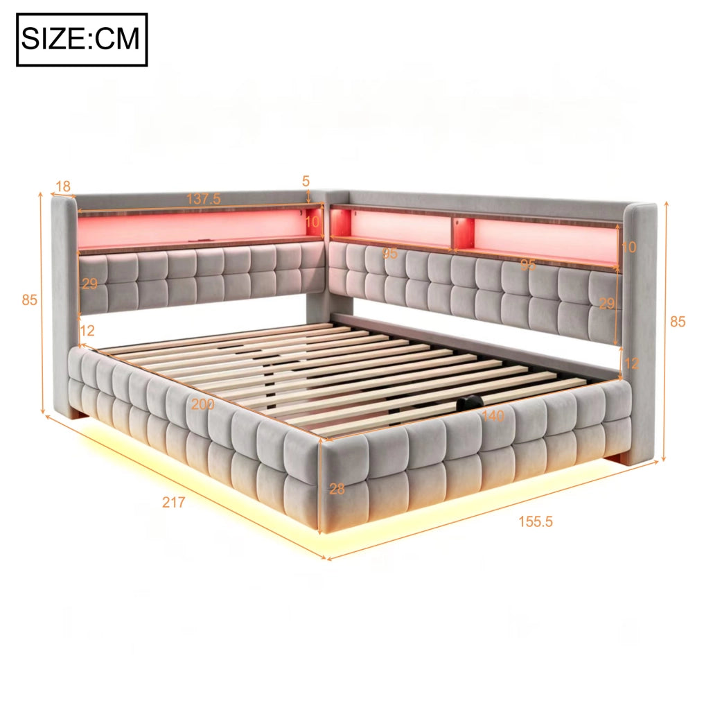 Divano letto imbottito ULEVR 140x200 cm con vano idraulico, LED, presa USB e Type-C, velluto grigio chiaro