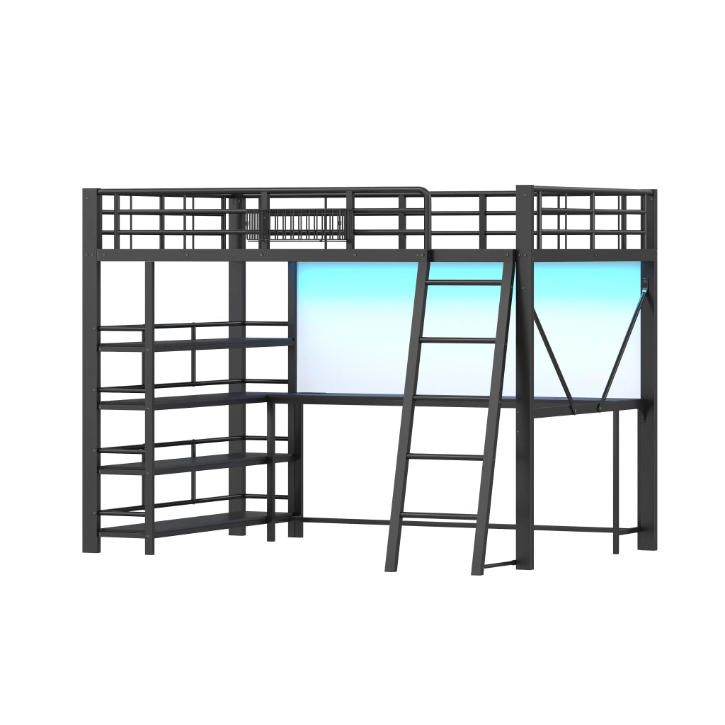 Letto a soppalco 140 × 200 cm con scrivania ripiani LED USB in metallo e MDF nero