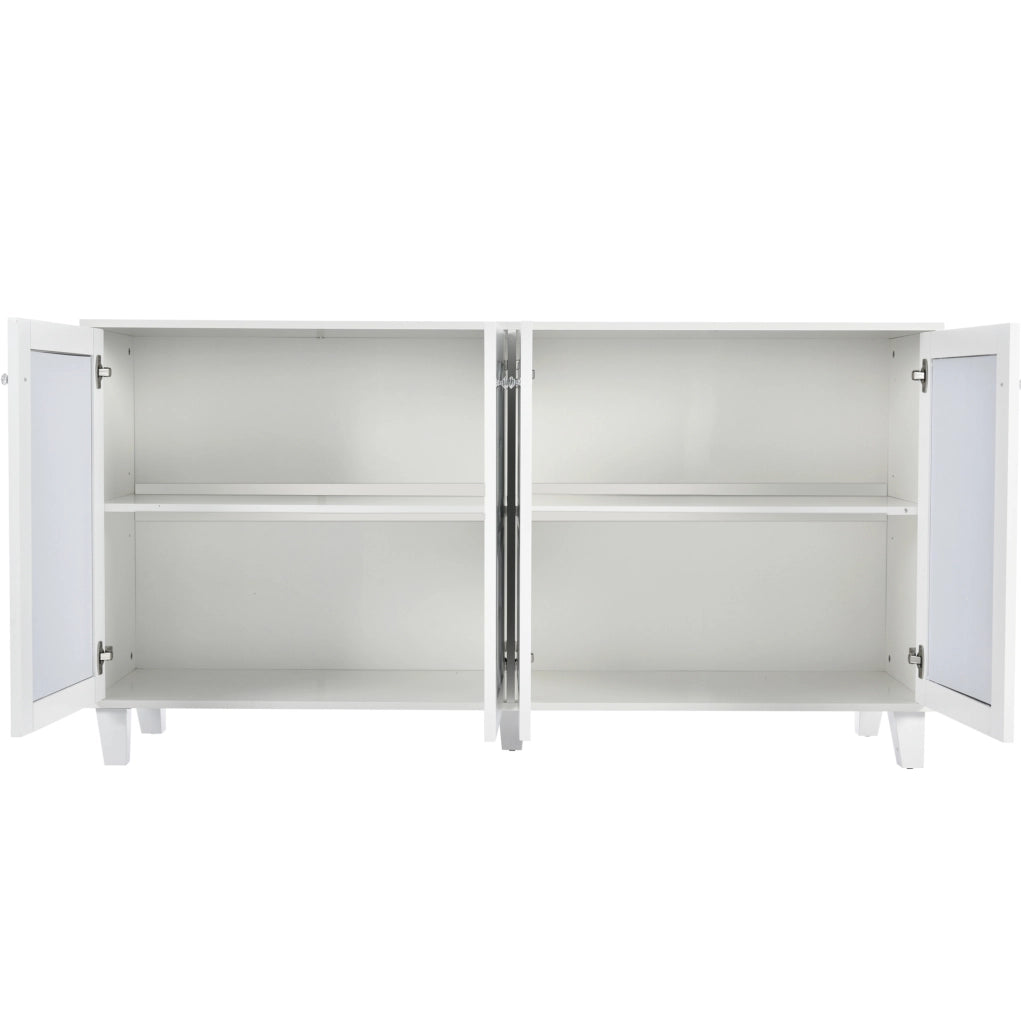 Credenza bianca con superficie a specchio; 4 ante e ripiano interno mobile; 160 x 40 x 84 cm