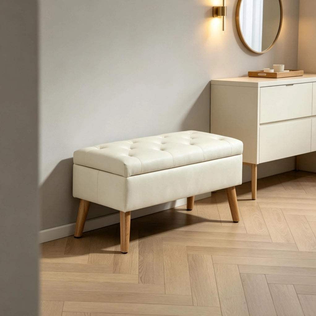 Panca contenitore imbottita in velluto crema con gambe in legno, 80x35x42 cm, capacità 120 kg