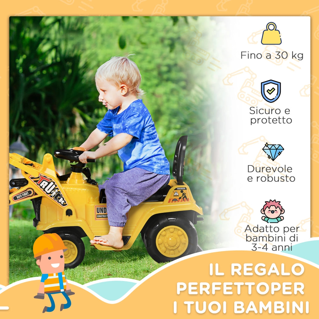 EasyComfort Escavatore per Bambini 2-4 Anni con Pinza, Pulsante per Suoni e Spazio Portaoggetti, 83x27x39 cm, Giallo e Nero
