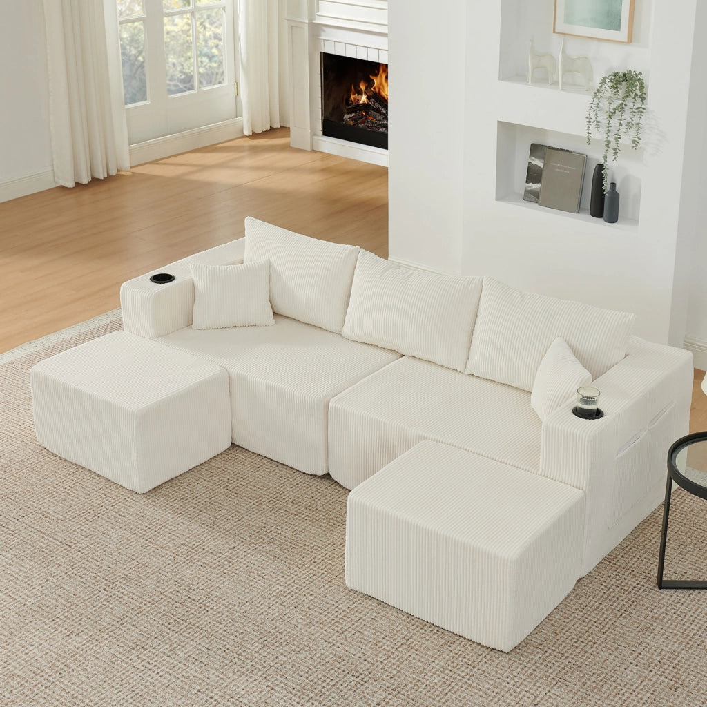 Divano ad angolo modulare 230x138x75 cm; 3 L - seater con pouf mobile; velluto a coste; porta tazze; tasca laterale e cuscini; beige