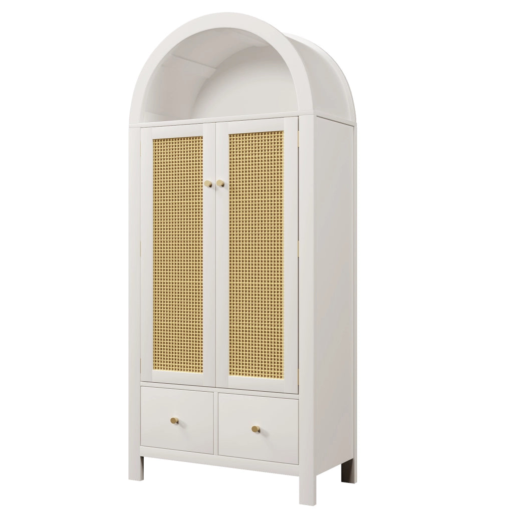Armadio bianco 181x78x45 cm in MDF con intreccio in rattan, stile country, 2 ante con chiusura magnetica, 2 cassetti, barra appendiabiti e sicurezza anti-ribaltamento
