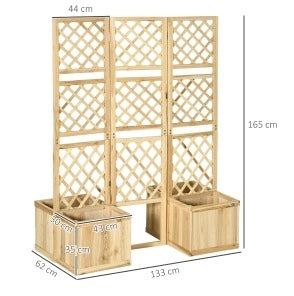 Paravento pieghevole con 4 fioriere in legno naturale, 133 x 165 cm, protezione visiva per giardino e terrazza