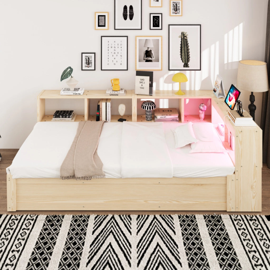 Letto singolo con contenitore 90 × 200 cm idraulico con vani; LED e presa integrata in legno naturale