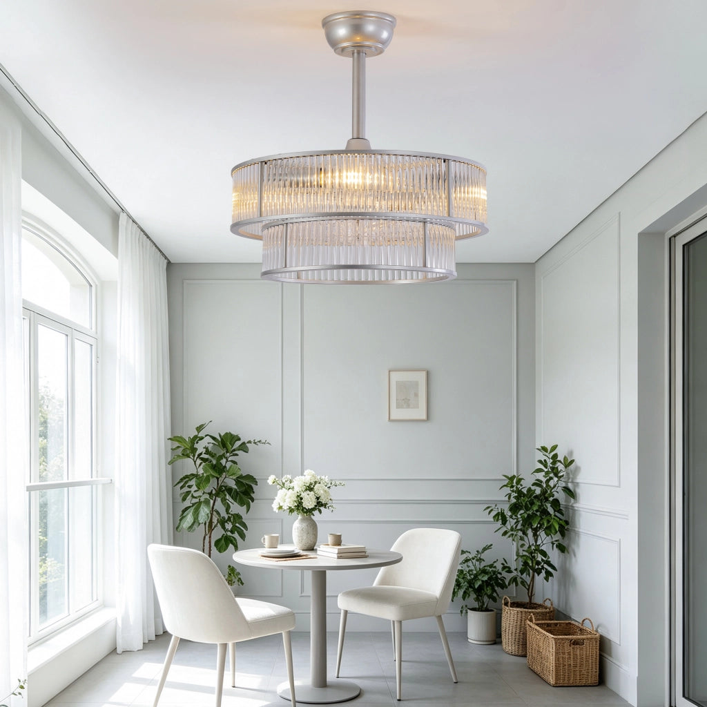 Ventilatore da soffitto con luce e cristalli da 50 cm; 6 velocità e controllo da app; vetro e metallo; argentato