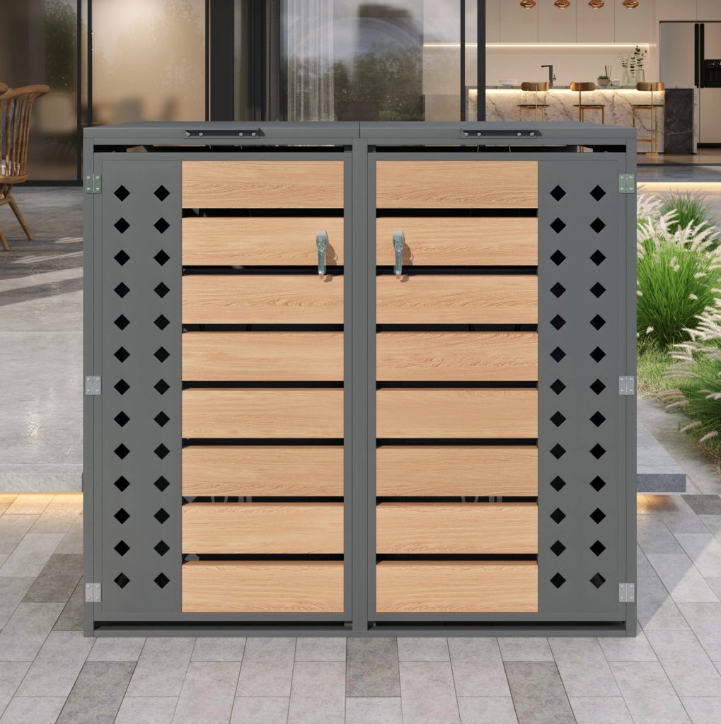 Contenitore per rifiuti con doppia anta e coperchio a ribalta idraulico, in acciaio zincato con finitura effetto legno, ventilazione a rombi, chiudibile a chiave