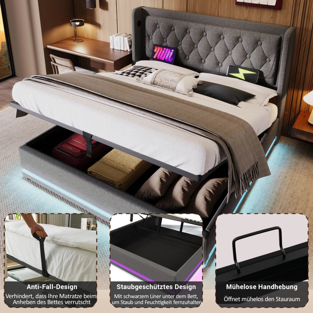 Letto imbottito matrimoniale 140x200 cm in cotone grigio, contenitore idraulico, testiera con ricarica USB Type-C e LED su 3 lati, con materasso