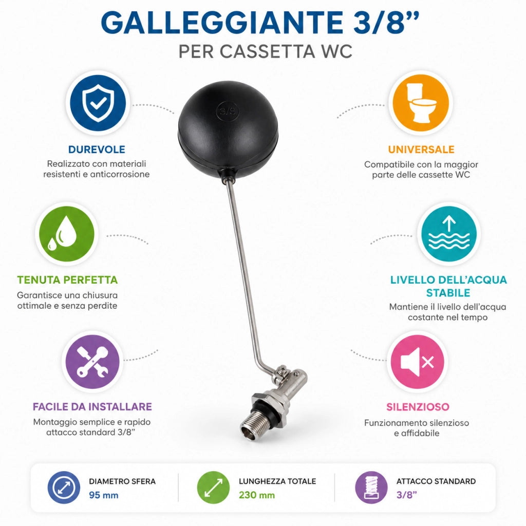 GALLEGGIANTE 3/8 PER CASSETTA WC UNIVERSALE BAGNO CON ASTA E SFERA SCARICO 32CM