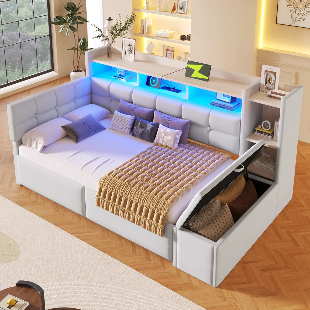 Divano letto 90 × 190 cm con due cassetti; porte USB e Type-C; panca contenitore e LED; velluto bianco