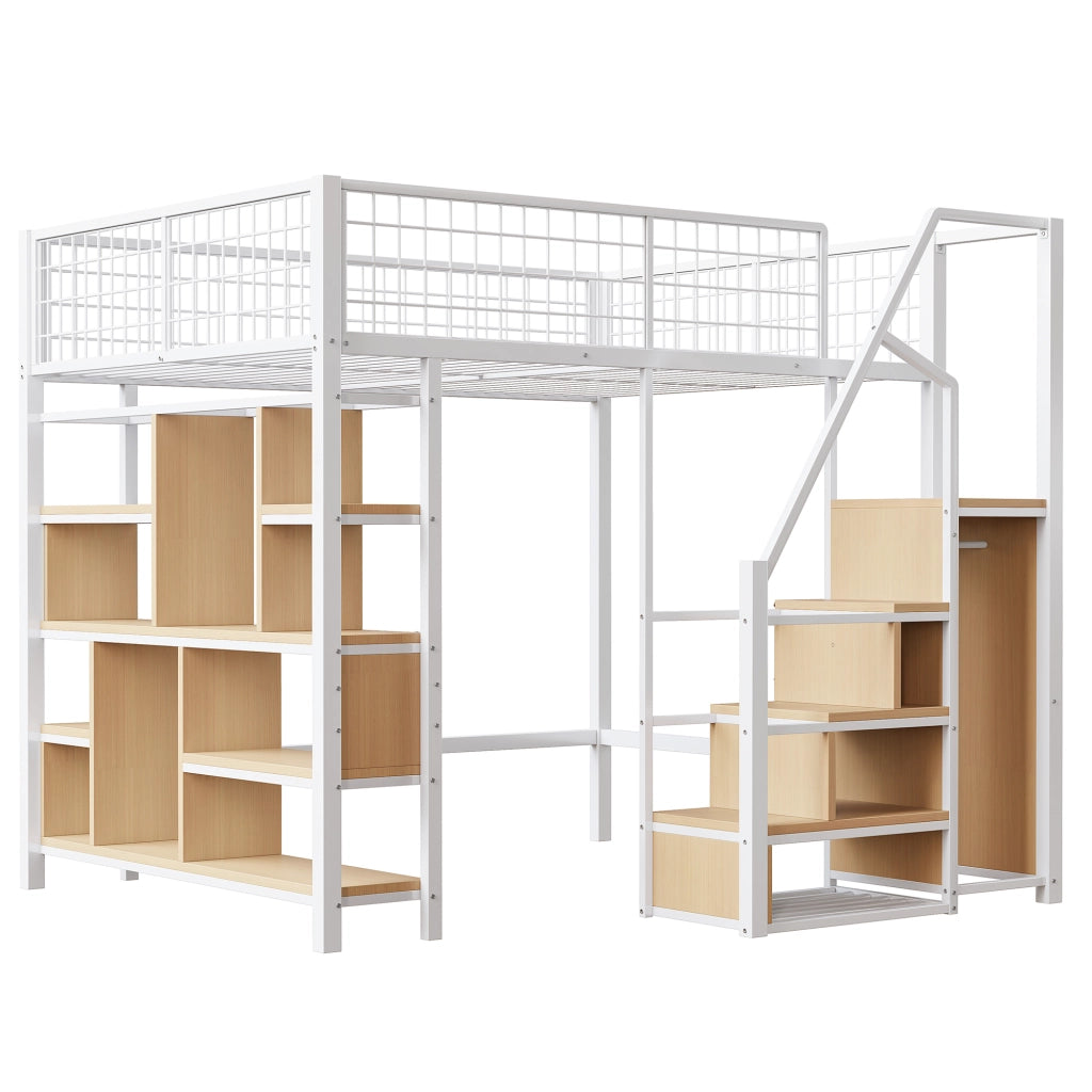 Letto a soppalco 140 × 200 cm con scala contenitore e vano aperto in metallo e legno bianco