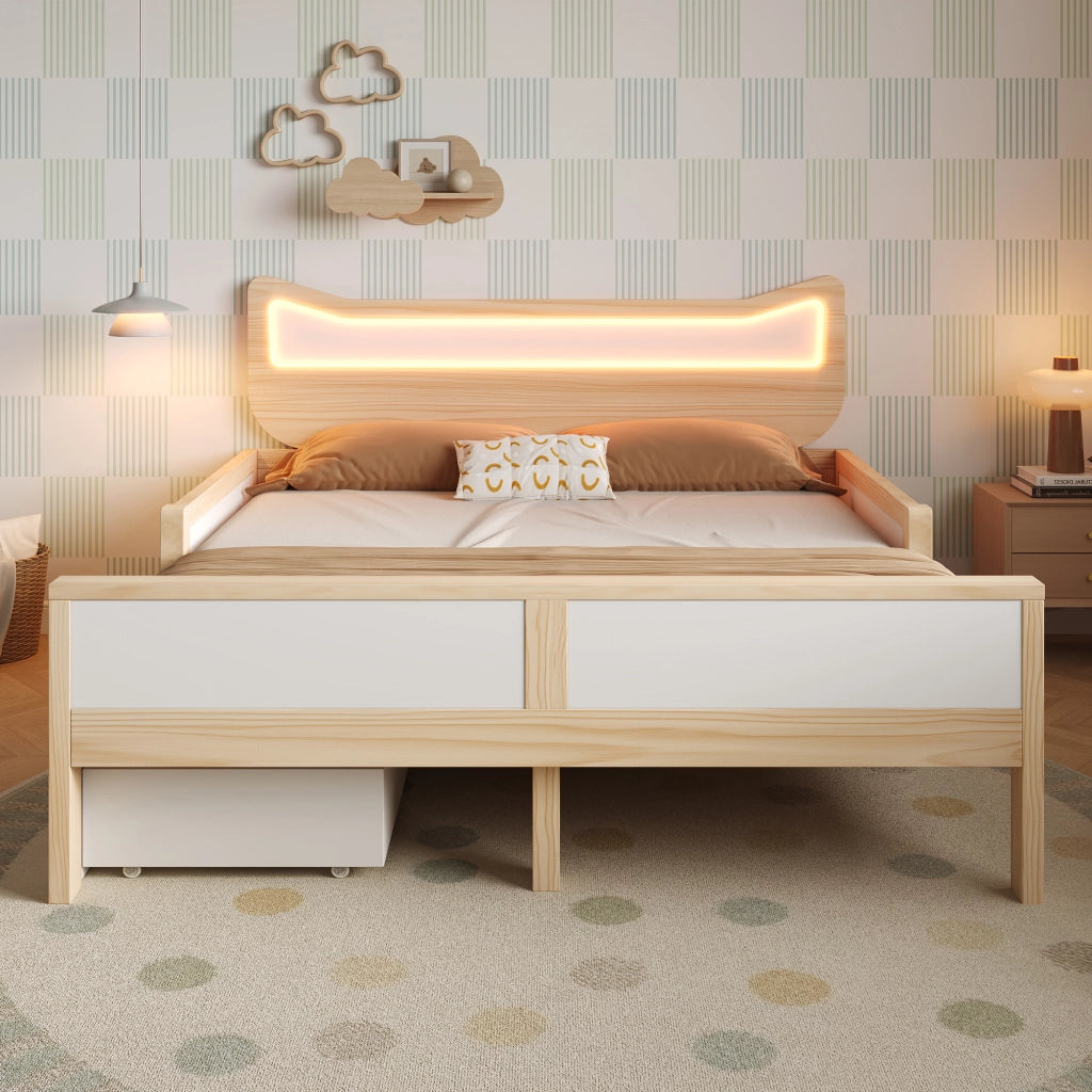 Letto per bambini 140×200 cm 1 posto con LED; cassetto e vano contenitore; senza materasso; bianco e rovere