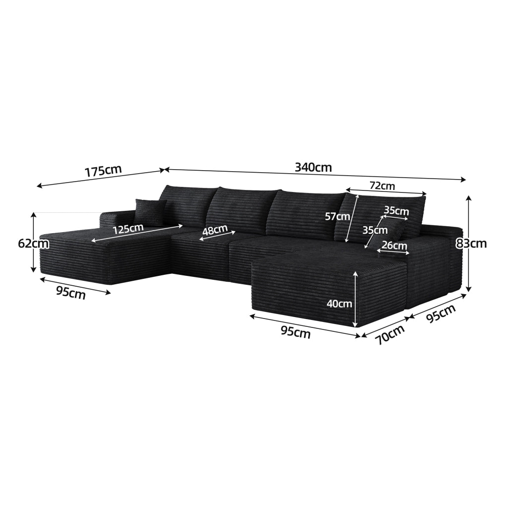 Divano angolare modulare con chaise longue e schiuma elastica in tessuto a coste nero