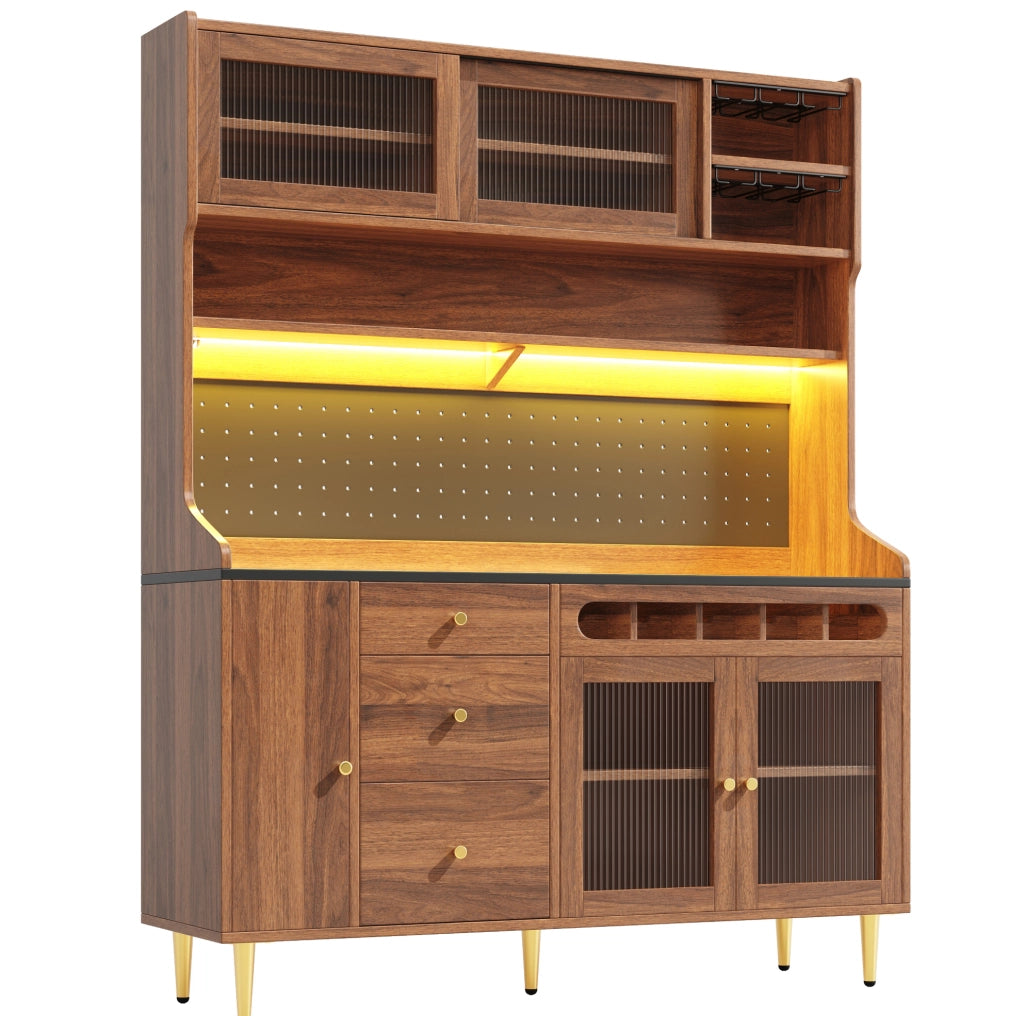 Mobile alto ULEVR 145x39x171 cm in MDF, vetro e metallo con LED smart, ripiani regolabili e vano portabottiglie