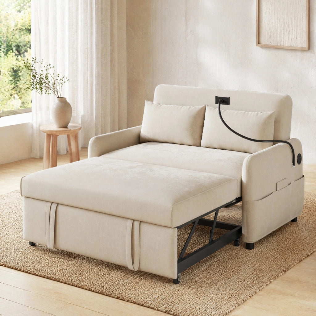 Divano letto estraibile a 2 posti con schienale reclinabile; USB; tasche laterali; beige
