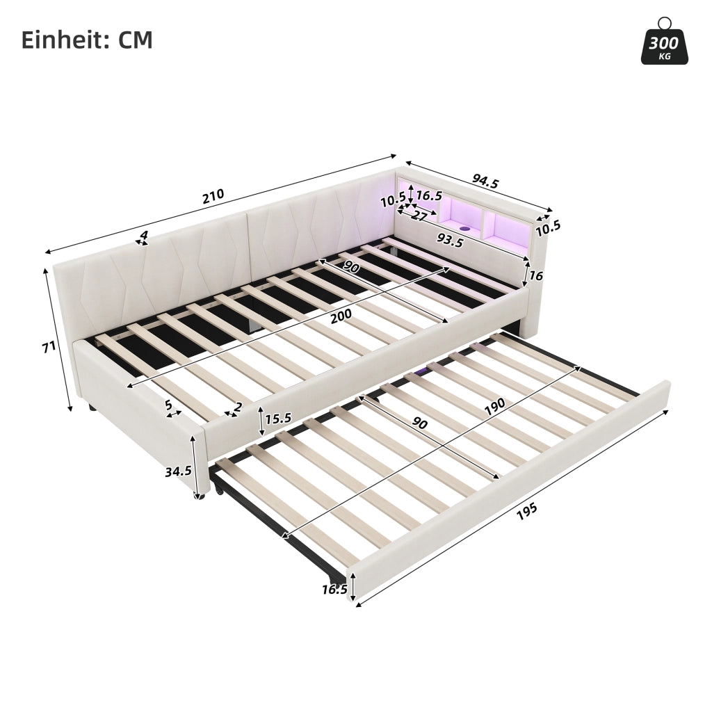 Letto estraibile singolo 90×200 cm con USB Type-C; LED e ripiani; con rete; senza materasso; lino; beige