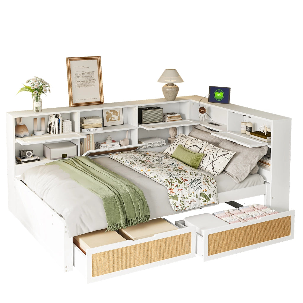 Letto matrimoniale multifunzione 140 × 200 cm in legno bianco con cassetti vani contenitore e porte USB integrate
