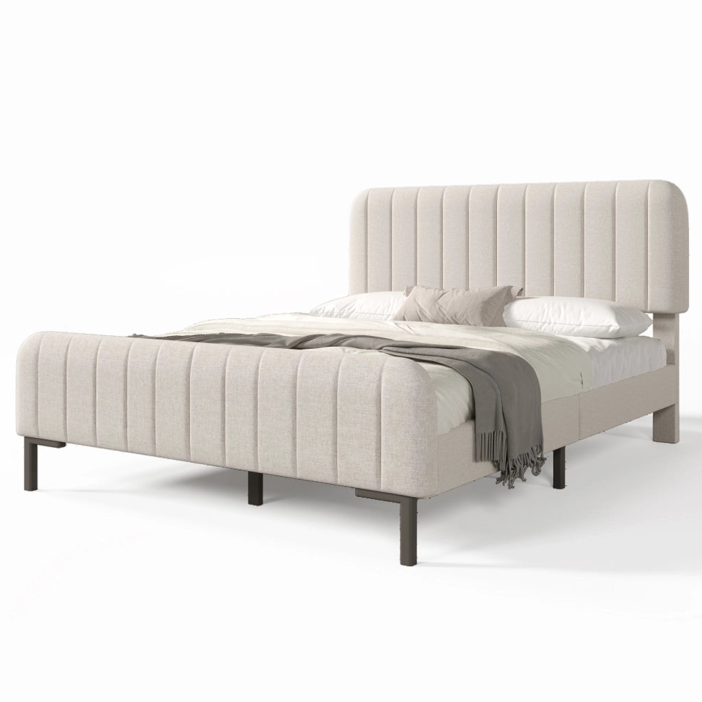 Letto imbottito 140 x 190 cm; letto matrimoniale con rete a doghe; testiera regolabile; telaio minimaliste; rivestimento in lino; grigio-beige chiaro