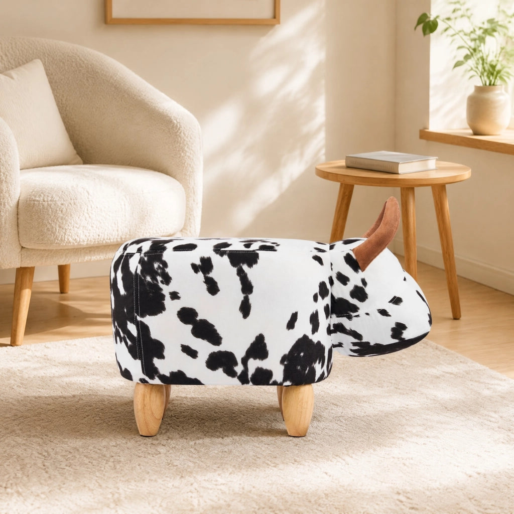 Sgabello a Forma di Mucca in Legno e Schiuma 62x35x36 cm; Imbottito Antiscivolo; Nero e Bianco; per Casa e Cameretta