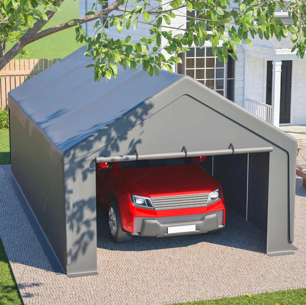 Carport 13 × 25 piedi con pareti laterali rimovibili e finestre avvolgibili; grigio