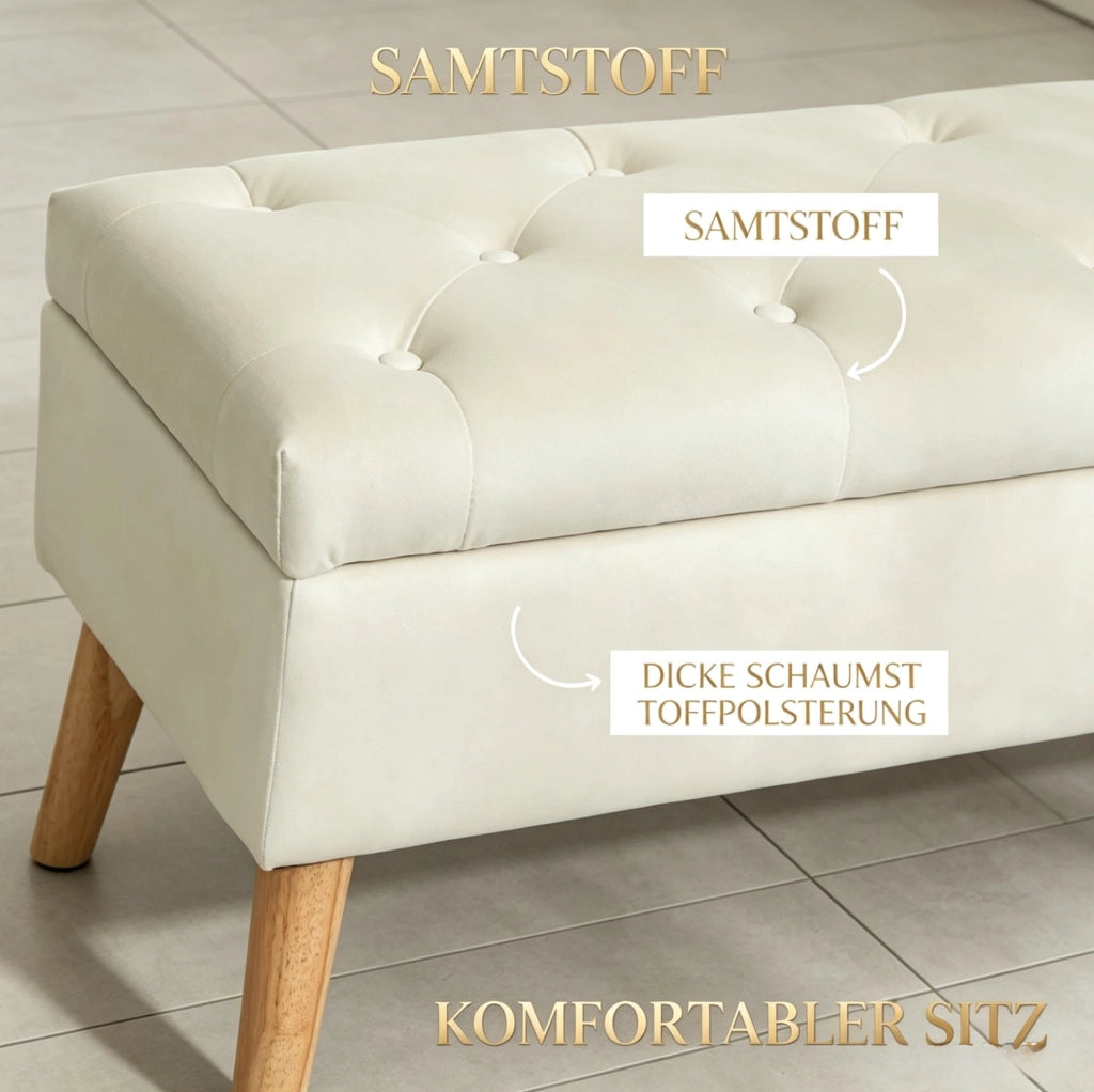 Panca contenitore imbottita in velluto crema con gambe in legno, 80x35x42 cm, capacità 120 kg