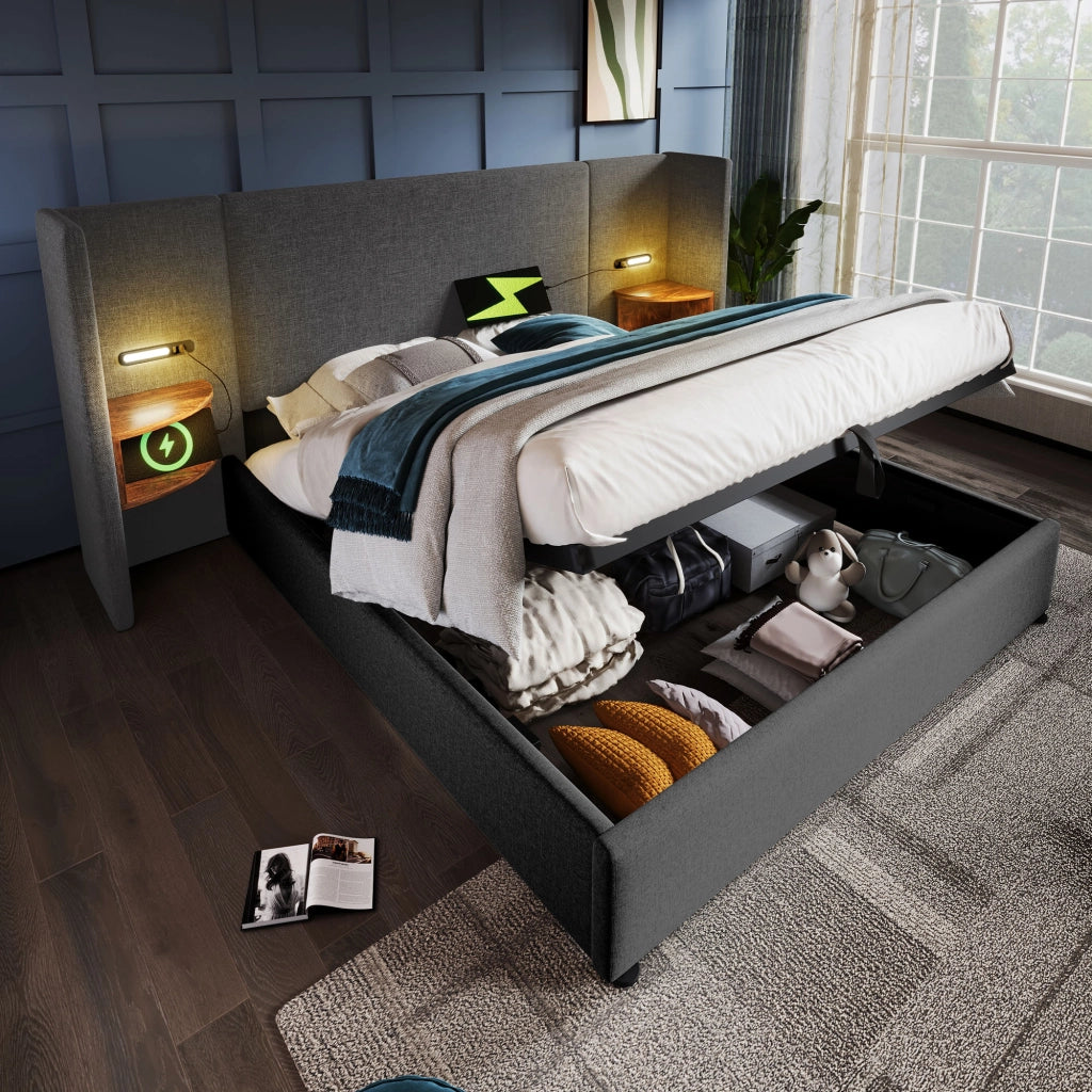 Letto matrimoniale 160x200 grigio con contenitore e comodino