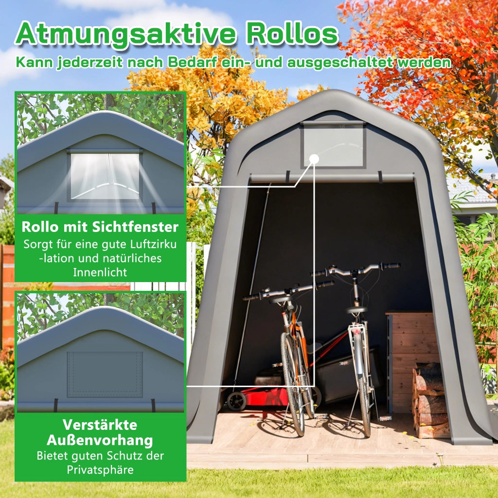Ricovero da giardino con porta avvolgibile struttura in acciaio zincato telo PE grigio scuro 213 × 366 × 225 cm