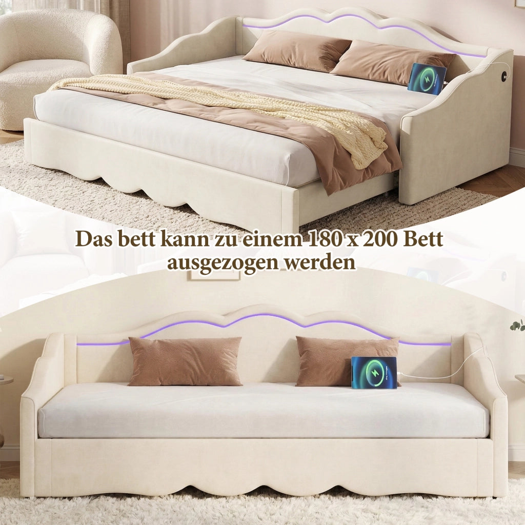 Letto estraibile imbottito 90 × 200 cm estensibile a 180 × 200 cm in velluto beige con LED USB e Type-C