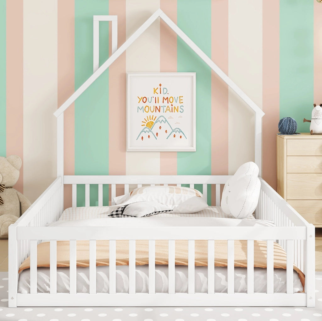 Letto per bambini 140x190 cm con camino, sponde di sicurezza e rete, bianco