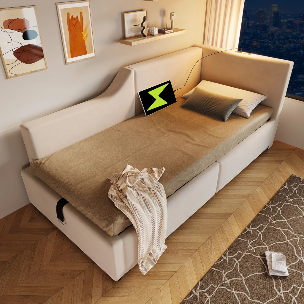 Letto singolo daybed 90 ¡Á 190 cm contenitore in velluto beige con luce da lettura e ricarica USB-C