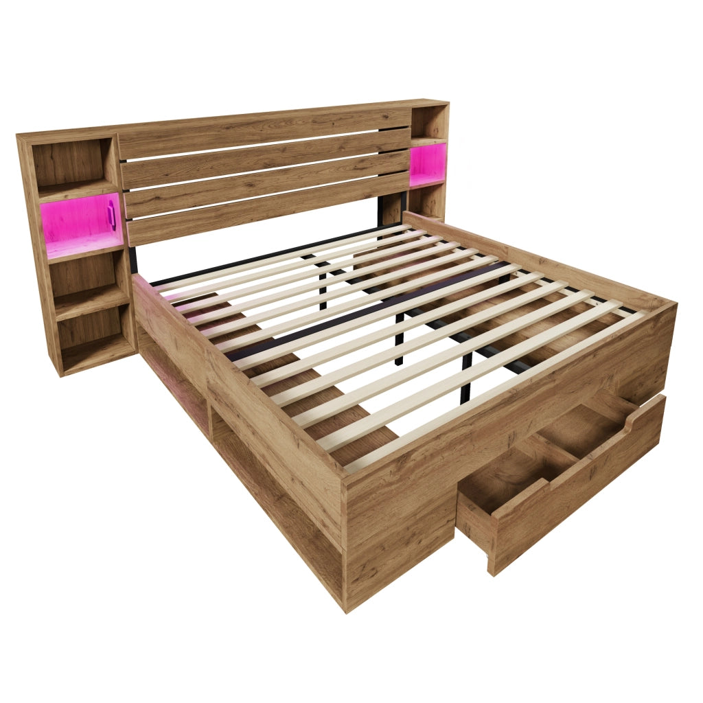 Letto matrimoniale 180x200 in legno massello con contenitori, illuminazione LED e ricarica USB-C, struttura robusta in metallo e MDF, colore rovere (senza materasso)
