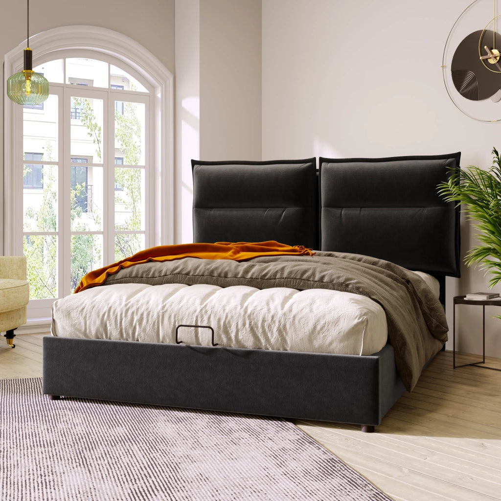 Letto contenitore 140 × 200 cm con testiera regolabile rivestito in velluto nero rete a doghe in metallo