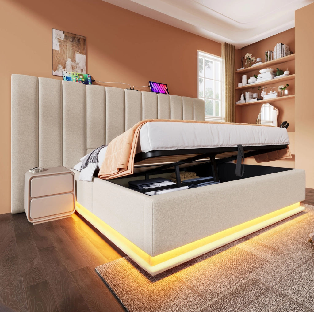Letto imbottito matrimoniale 180x200 cm con contenitore; LED 360°; USB e Type-C; beige; con materasso