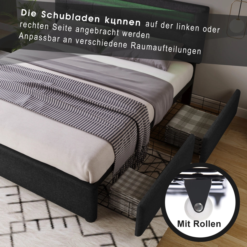 Letto matrimoniale 140 × 200 cm 2 posti con LED, 4 cassetti e testiera regolabile, senza materasso, nero