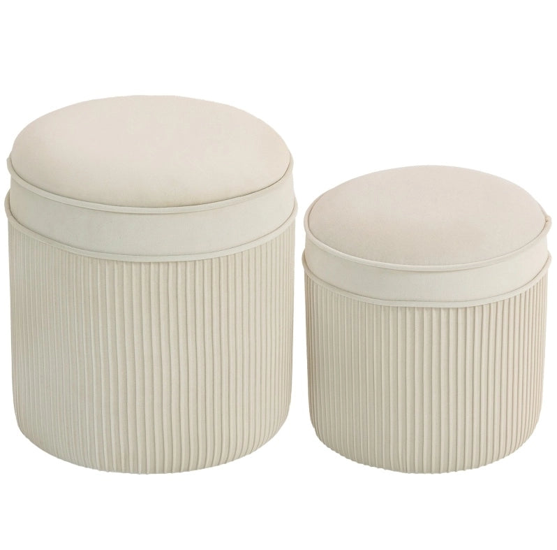 Set di 2 Pouf con Contenitore, Pouf Tondo in Velluto Crema 36x36x41,5 cm