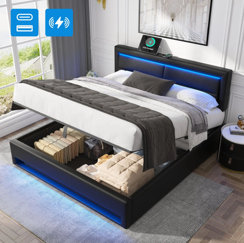 Letto imbottito 160x200 cm in PU nero con USB; LED e contenitore