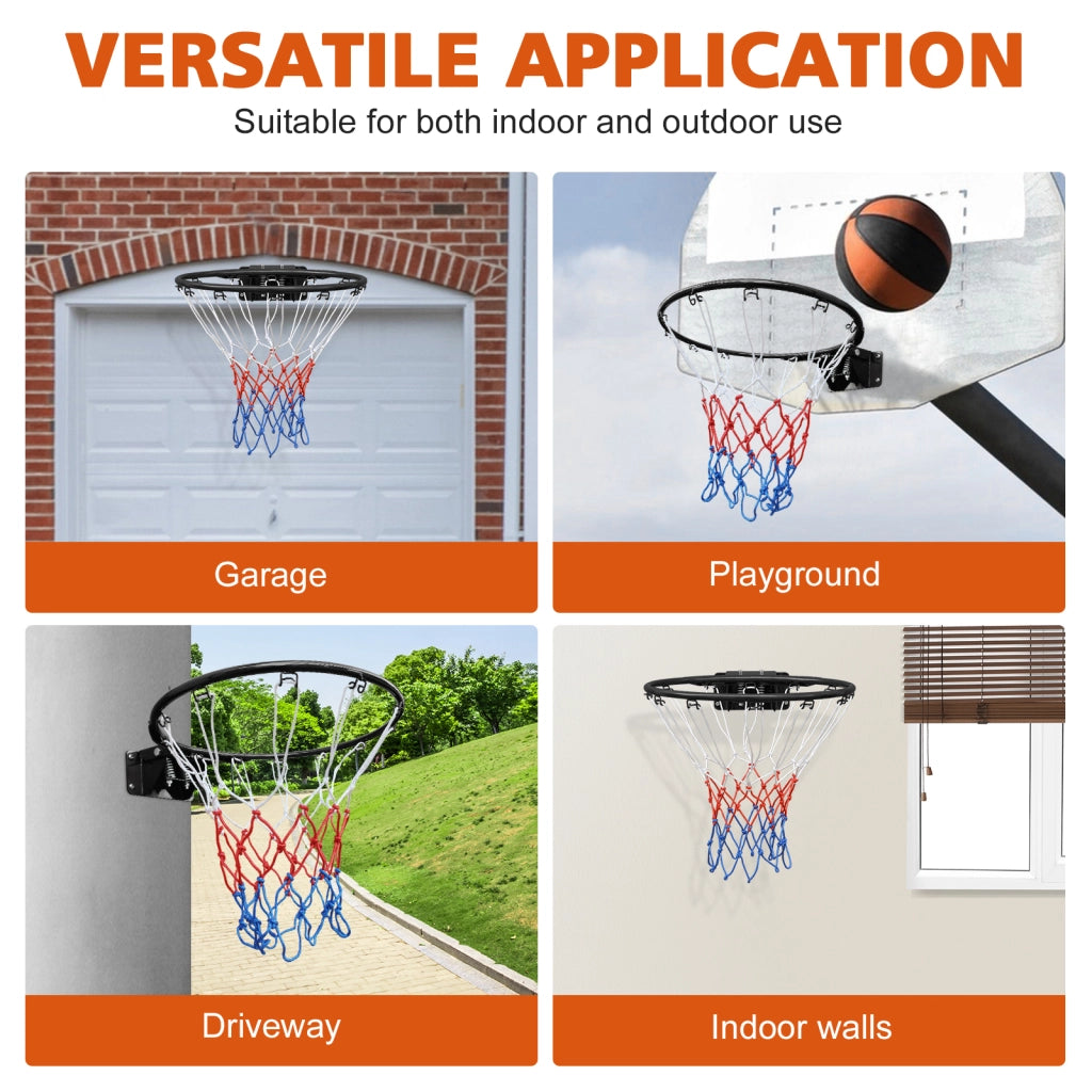 Canestro da Basket in Acciaio Nero 45,72 cm con Doppia Molla e Rete, per Installazione a Parete o a Terra, Uso Interno ed Esterno